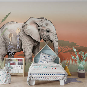 Safari elephant wallpaper creating peaceful atmosphere in children's bedroom decor