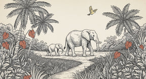 Detailed elephant safari mural wallpaper design pattern showing palm trees and nature scene by Kids-Mundo