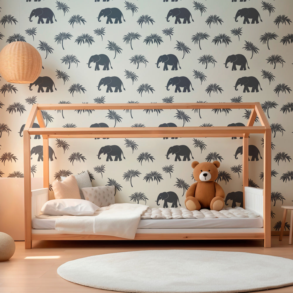 Safari themed elephant wallpaper transforming children's bedroom into adventure space by Kids-Mundo