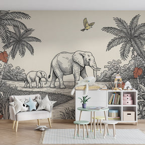 Safari elephant wallpaper in modern children's bedroom with tropical palm tree design by Kids-Mundo