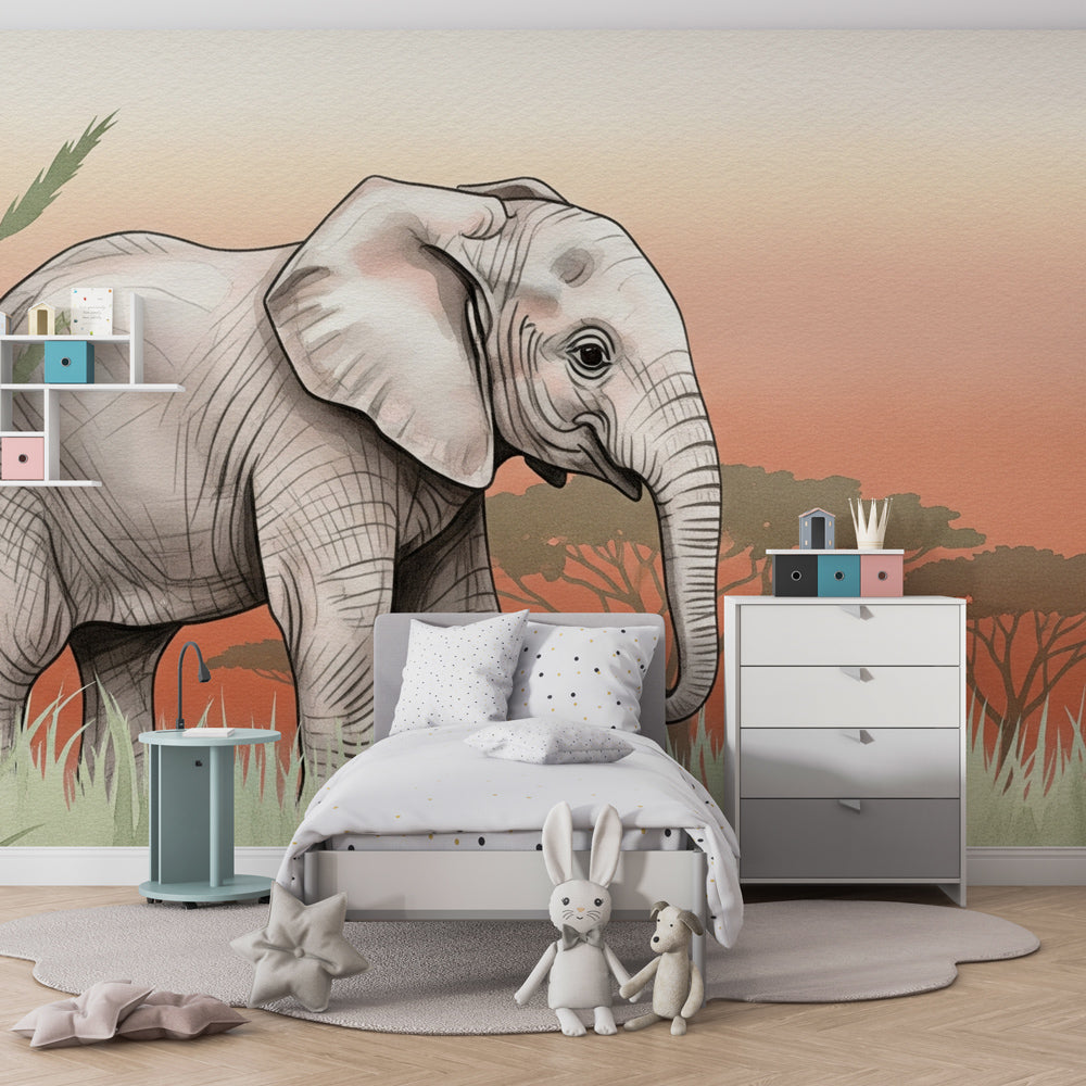 African savanna elephant mural wallpaper with warm terracotta tones for kids room