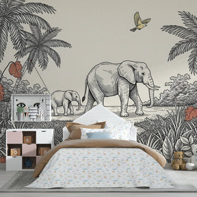 Nature-themed elephant mural wallpaper transforming kids playroom with adventure safari scene by Kids-Mundo