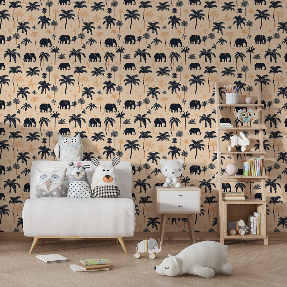Safari themed mural wallpaper with elephants and palms in children's playroom setting