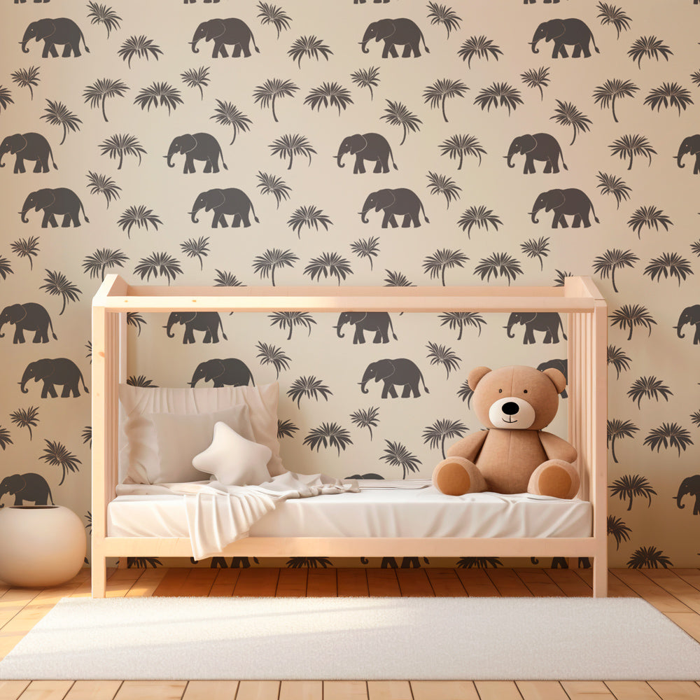 Exotic jungle elephant mural wallpaper in modern kids playroom setting by Kids-Mundo