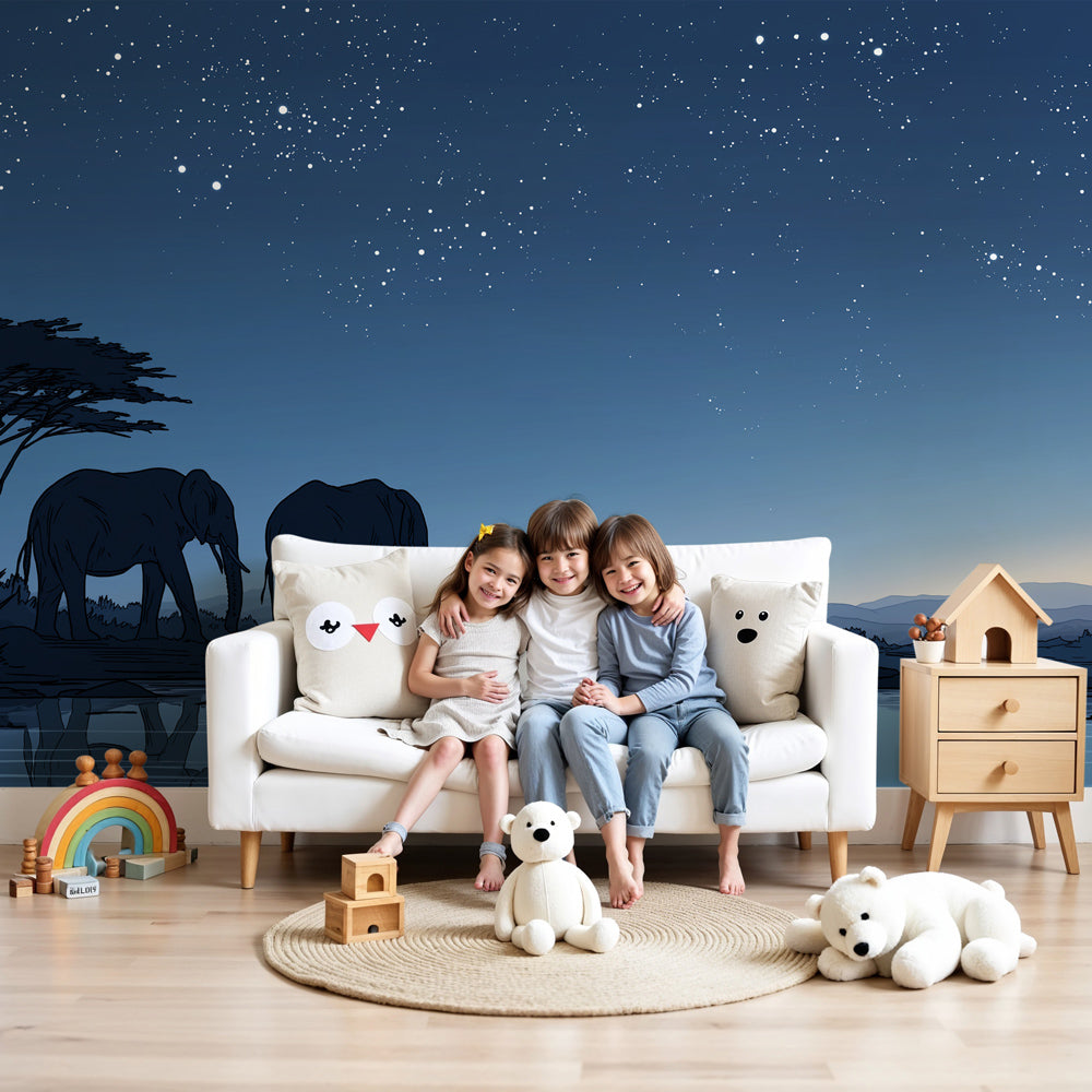 Elephant savanna mural wallpaper creating magical safari nursery decor with starry night sky by Kids-Mundo