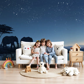 Elephant savanna mural wallpaper creating magical safari nursery decor with starry night sky by Kids-Mundo