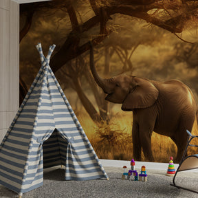 Baby elephant mural wallpaper in children's playroom with safari themed decor accessories