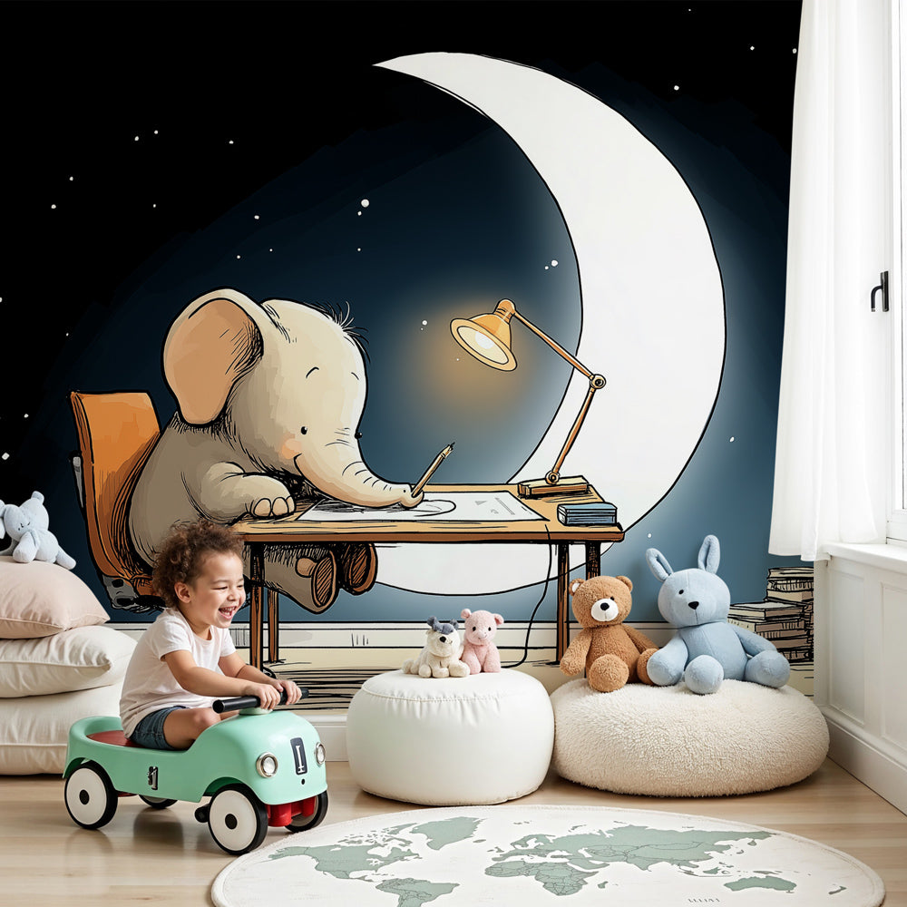 Elephant student mural wallpaper creating magical learning atmosphere in kids bedroom by Kids-Mundo