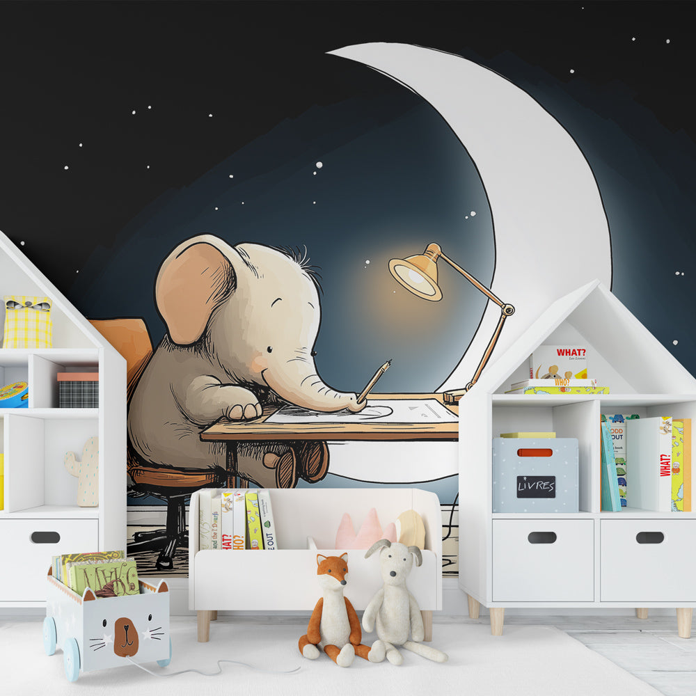 Educational elephant mural wallpaper inspiring creativity in children's study area by Kids-Mundo