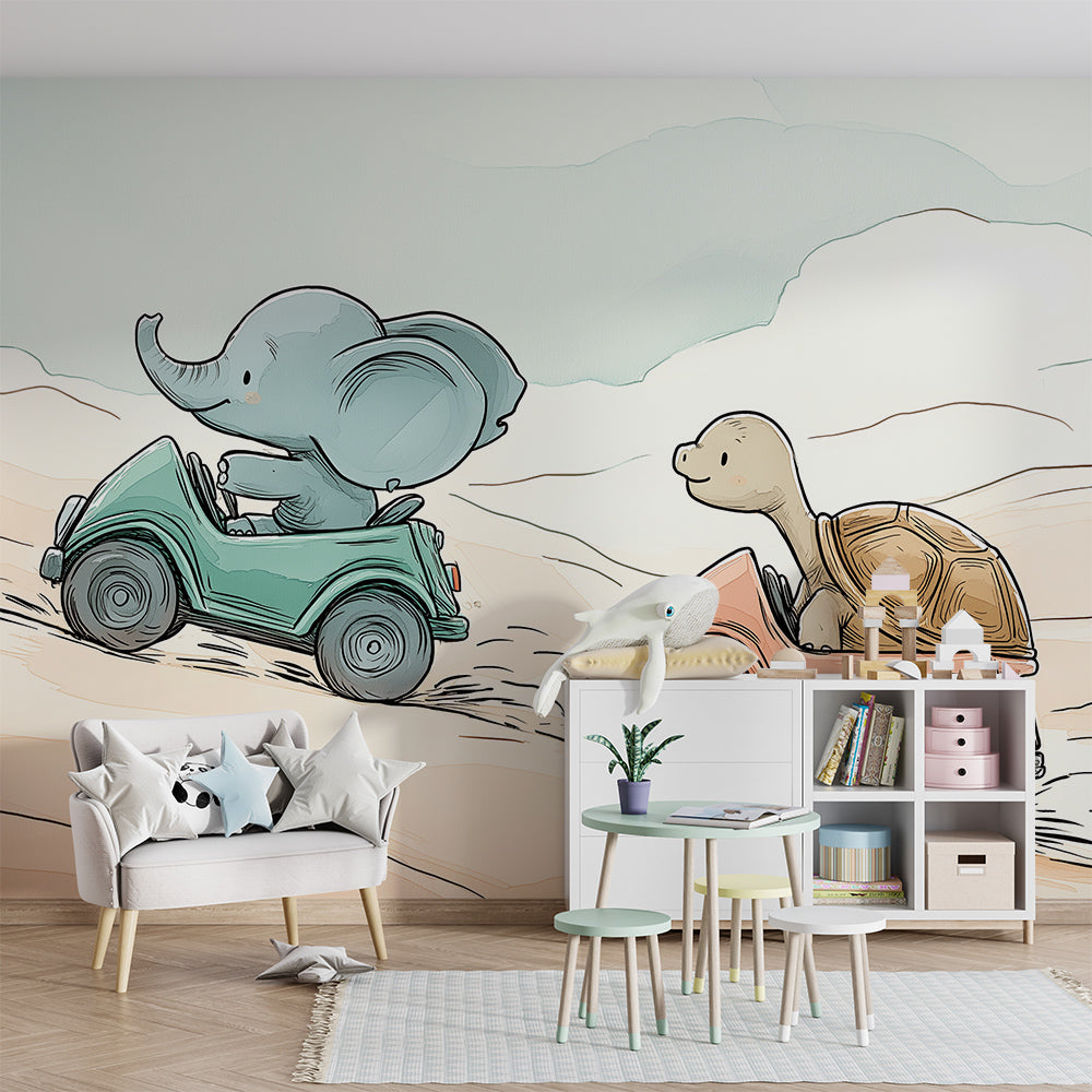 Kids-Mundo elephant and tortoise wall mural covering a feature wall in a child's bedroom.