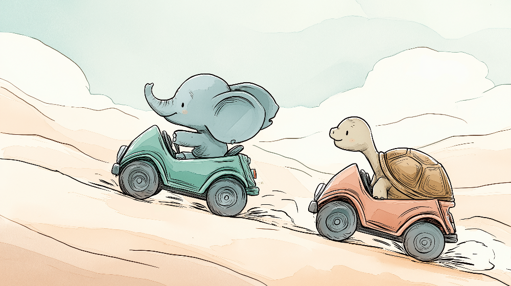 Kids-Mundo flat artwork of an elephant and a tortoise racing toy cars down a sandy dune.