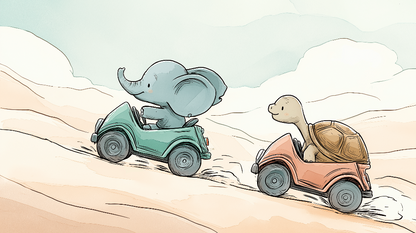 Kids-Mundo flat artwork of an elephant and a tortoise racing toy cars down a sandy dune.