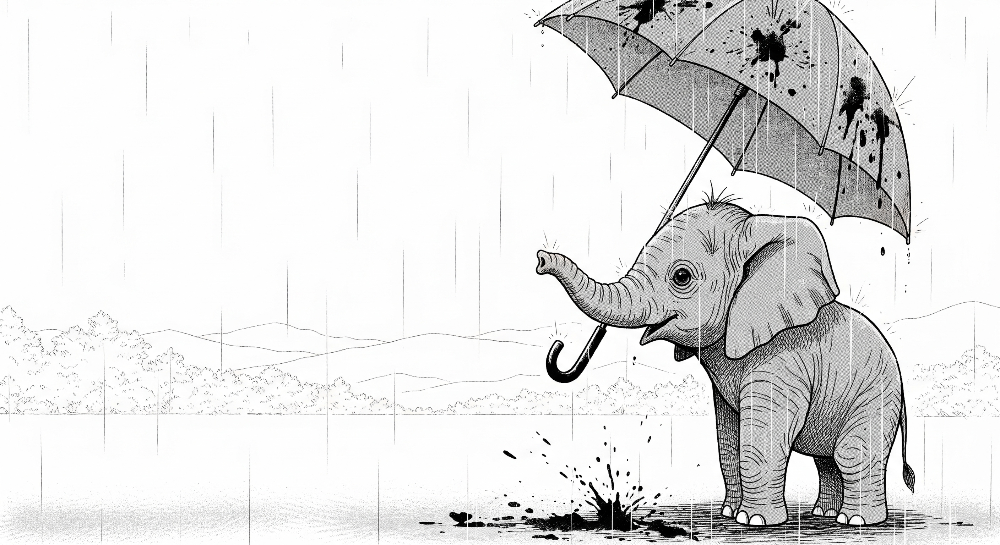 Baby Elephant with Umbrella in the Rain Wall Mural