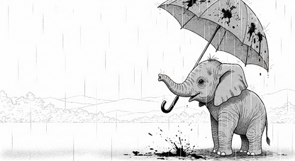 Kids-Mundo flat artwork of a sketched baby elephant holding an umbrella in the rain