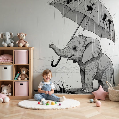 Kids-Mundo baby elephant umbrella wall mural in a soft grey nursery beside a cot and rocking chair