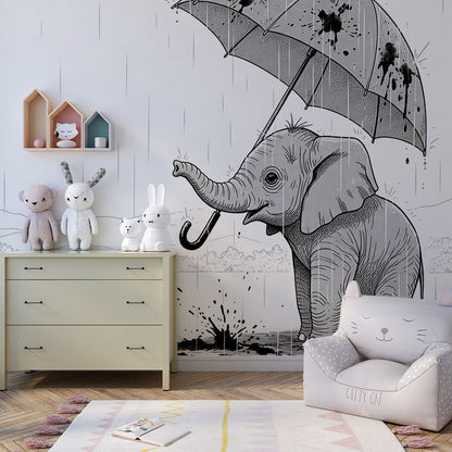 Kids-Mundo elephant with umbrella wall mural covering a wall in a children's playroom