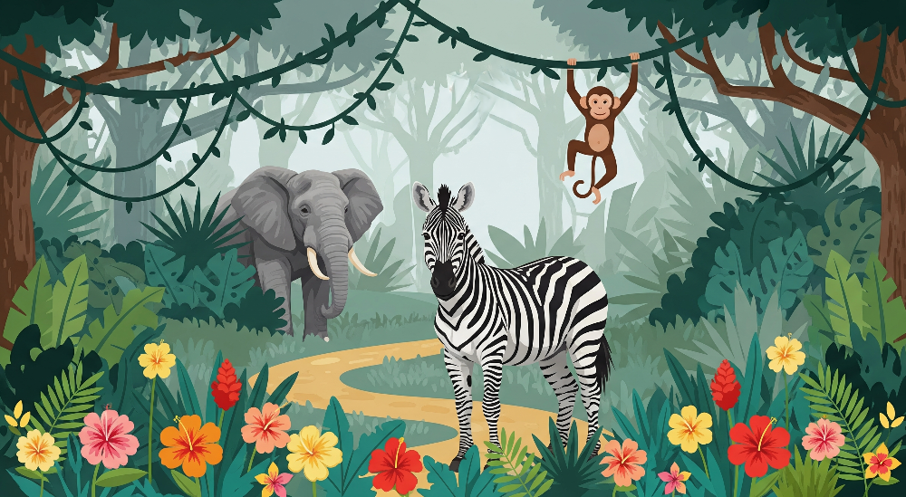Elephant, Zebra and Monkey Tropical Jungle Wall Mural