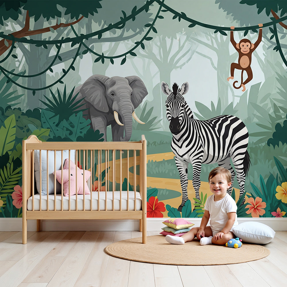 Kids-Mundo elephant and zebra jungle wall mural styled in a bright nursery with cot and soft toys