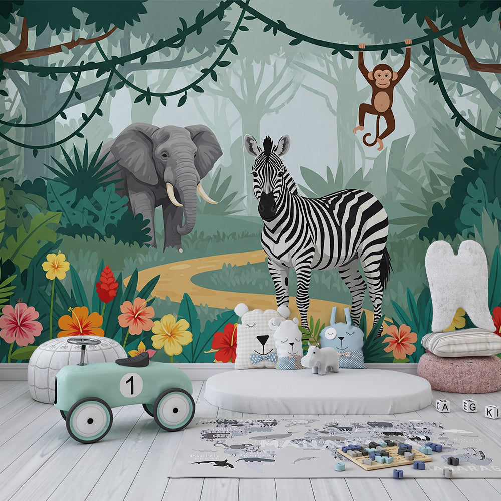 Kids-Mundo tropical jungle wall mural with hibiscus flowers covering a wall in a children's playroom