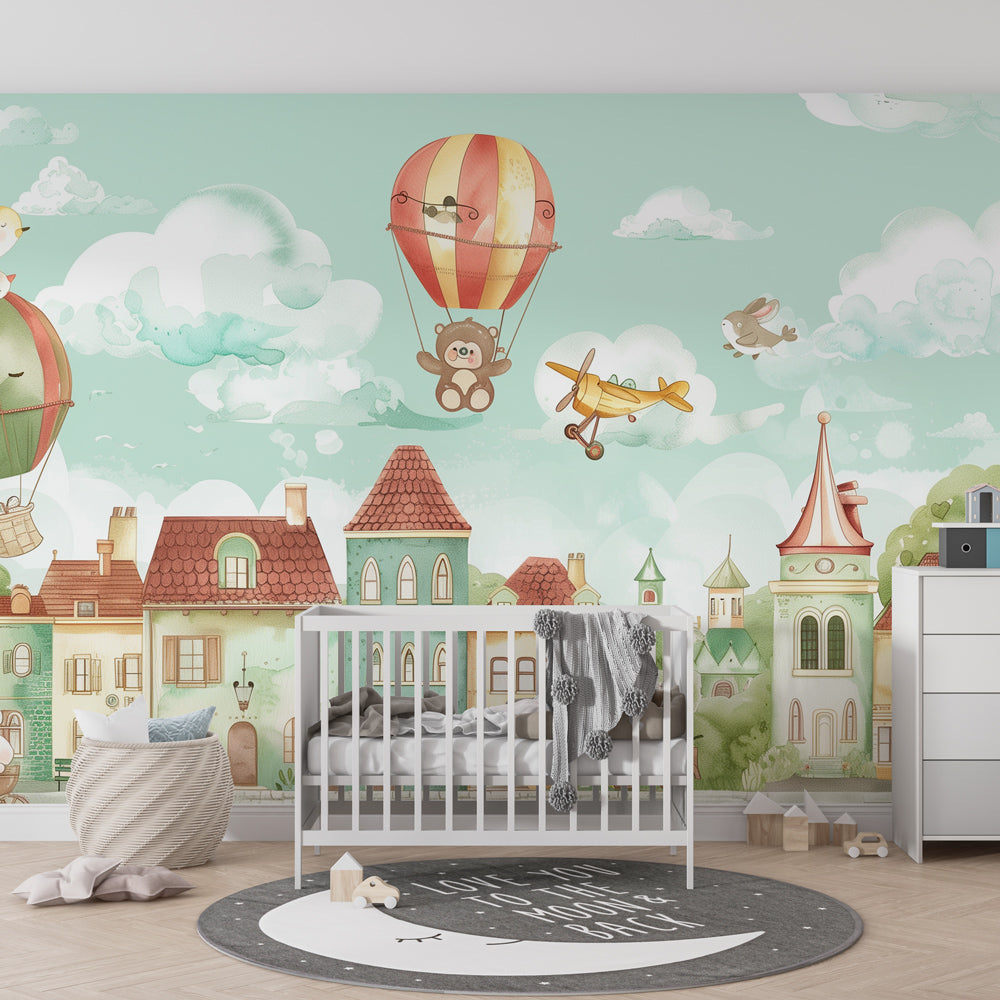 Kids-Mundo balloon village wall mural covering a wall in a bright children's playroom