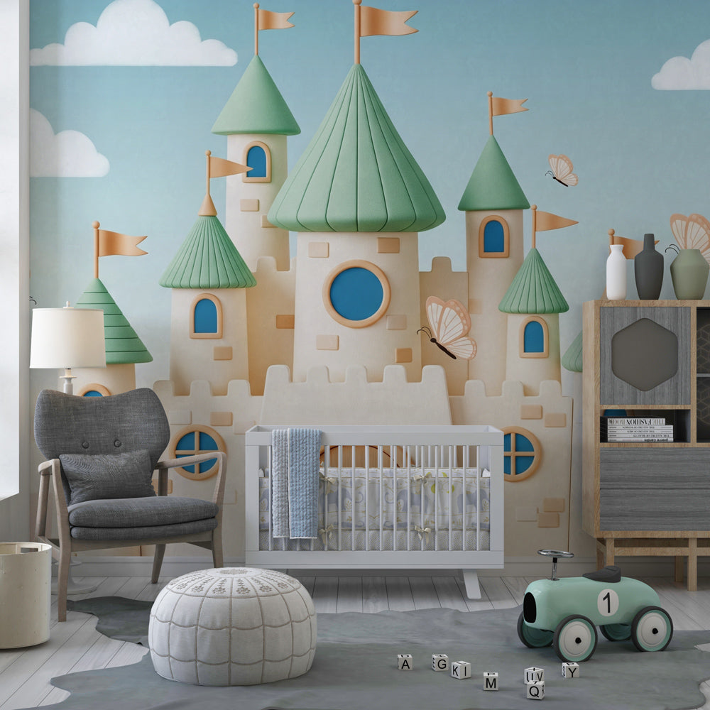 Castle fairy tale mural wallpaper transforming children's bedroom into magical kingdom