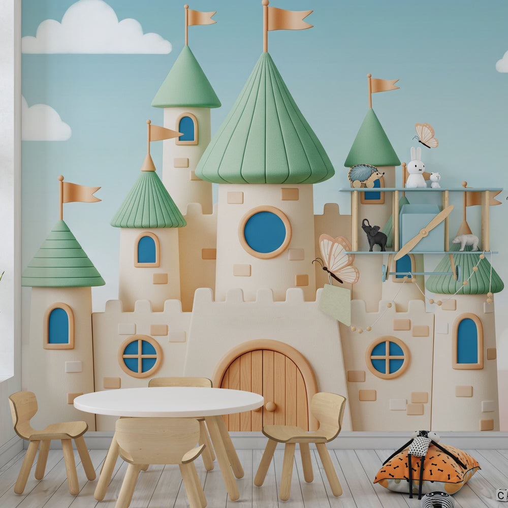 Butterfly castle wallpaper creating dreamy atmosphere in kids room by Kids-Mundo