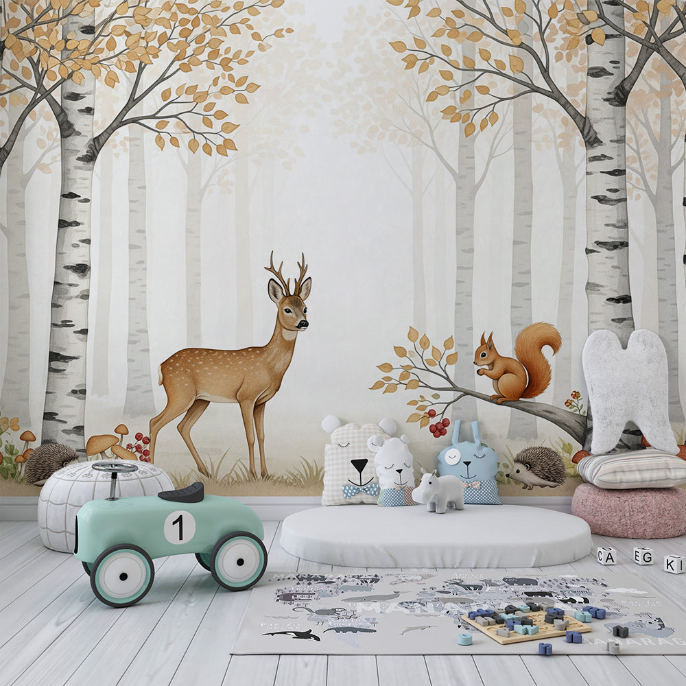 Enchanted forest wall mural by Kids-Mundo installed on a feature wall in a child's bedroom.