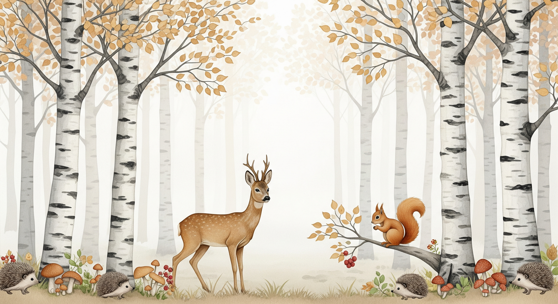 Flat artwork preview of the Kids-Mundo enchanted forest animals wall mural design.