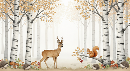 Flat artwork preview of the Kids-Mundo enchanted forest animals wall mural design.