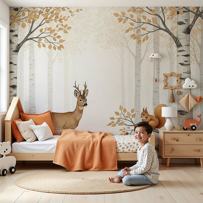 Kids-Mundo enchanted forest animals wall mural styled on a feature wall in a calm nursery.