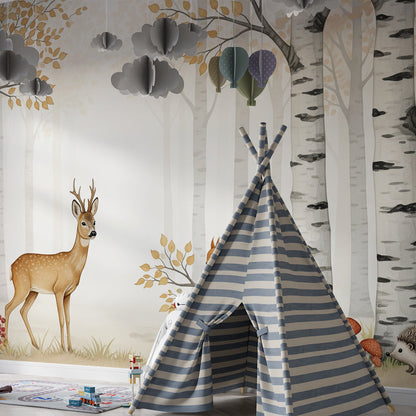 Kids-Mundo enchanted forest wall mural bringing woodland charm to a playroom wall.