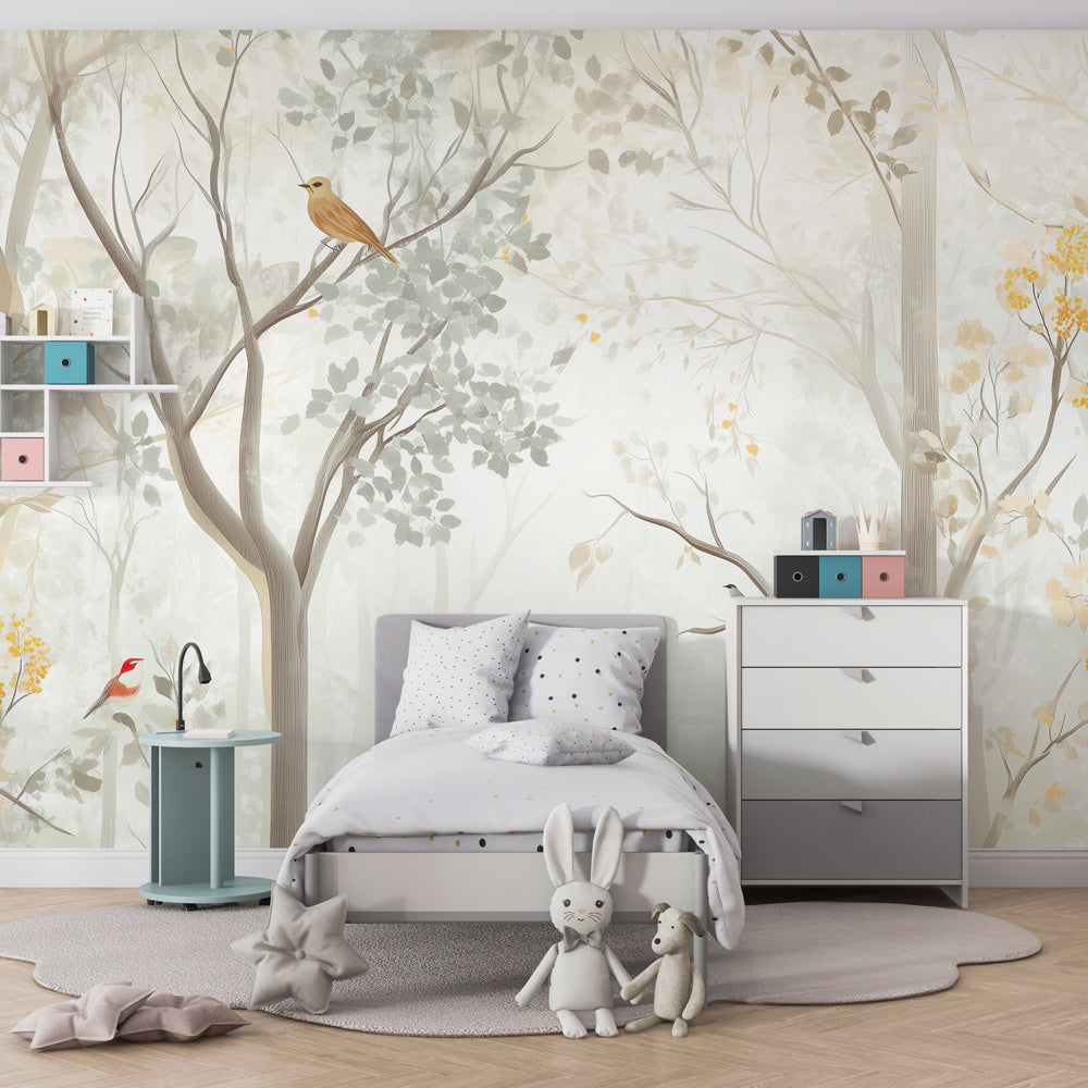Kids-Mundo misty forest wall mural with golden leaves and birds shown in a children's bedroom