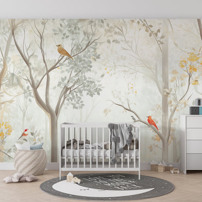 Kids-Mundo forest wall mural with red and yellow birds displayed in a bright kids' playroom
