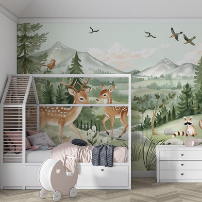 Kids-Mundo forest animal wall mural bringing woodland charm to a bright playroom