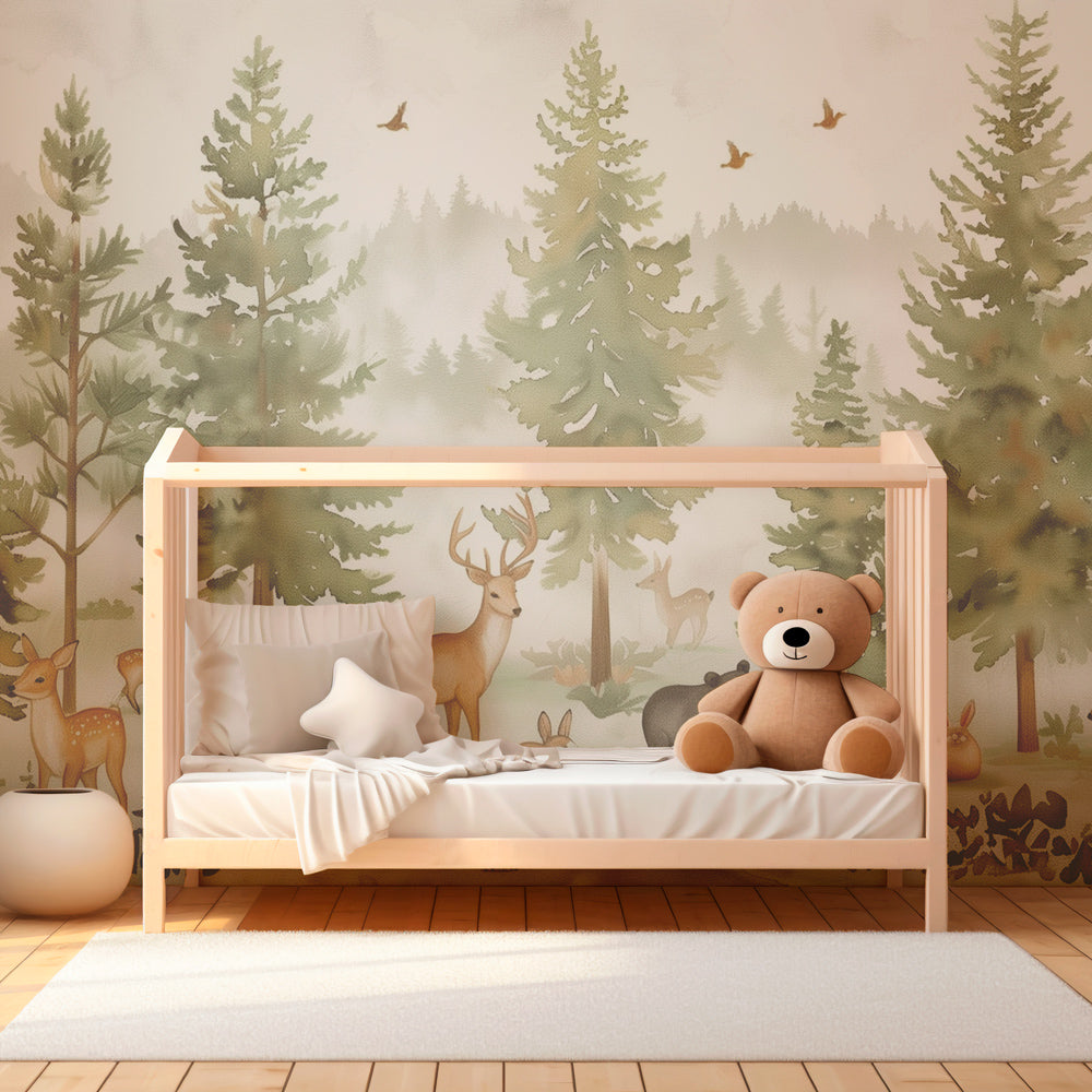 Kids-Mundo forest animal wall mural covering a feature wall in a natural kids bedroom.