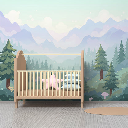 Kids-Mundo forest and mountains wall mural styled in a calm kids' bedroom.