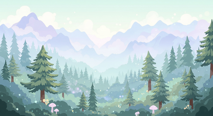 Kids-Mundo flat artwork of an enchanted pine forest beneath misty lavender mountains.