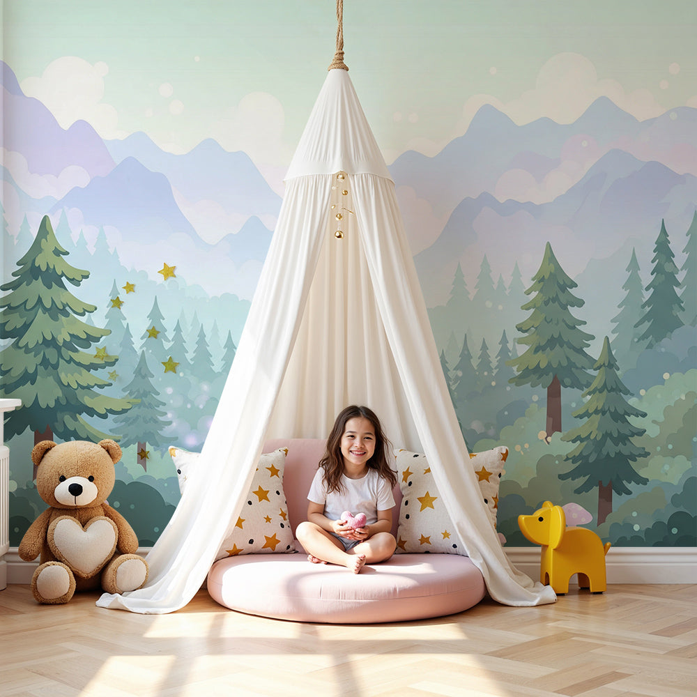 Kids-Mundo enchanted forest wall mural with misty mountains, made to measure for a nursery.
