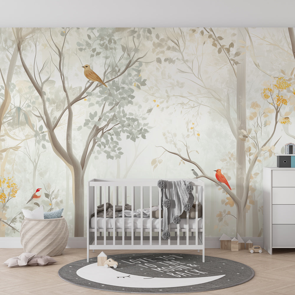 Pastel woodland mural wallpaper transforming baby room into serene forest sanctuary