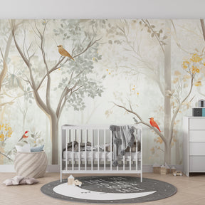 Pastel woodland mural wallpaper transforming baby room into serene forest sanctuary