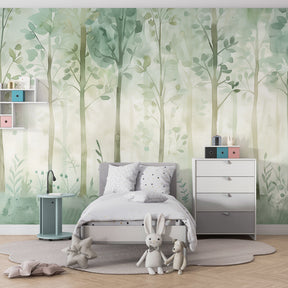 Pastel woodland mural wallpaper transforming children's bedroom into peaceful forest retreat
