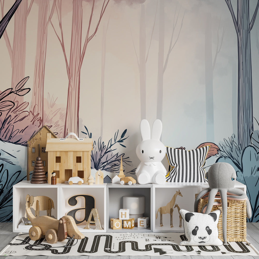 Woodland themed mural wallpaper creating magical children's bedroom decor with pastel trees