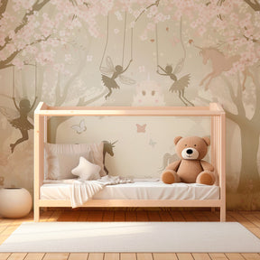 Magical unicorn and fairy wallpaper creating dreamy children's bedroom decor with cherry blossoms