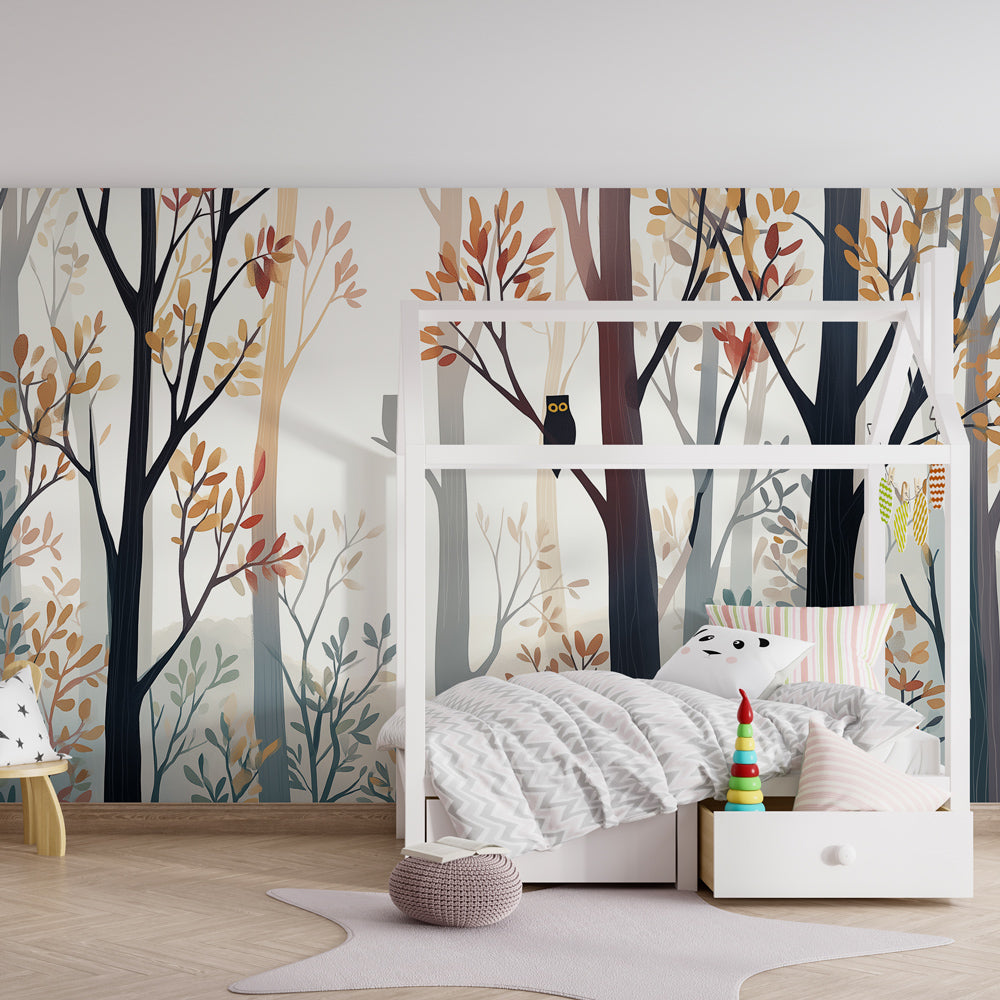 Forest owl mural wallpaper creating magical children's bedroom decor with natural elements
