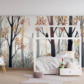 Forest owl mural wallpaper creating magical children's bedroom decor with natural elements
