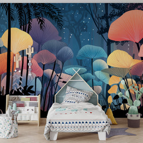 Fantasy mushroom forest wallpaper creating magical kids bedroom decor atmosphere