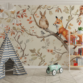 Playful forest animals mural wallpaper creating magical children's bedroom decor
