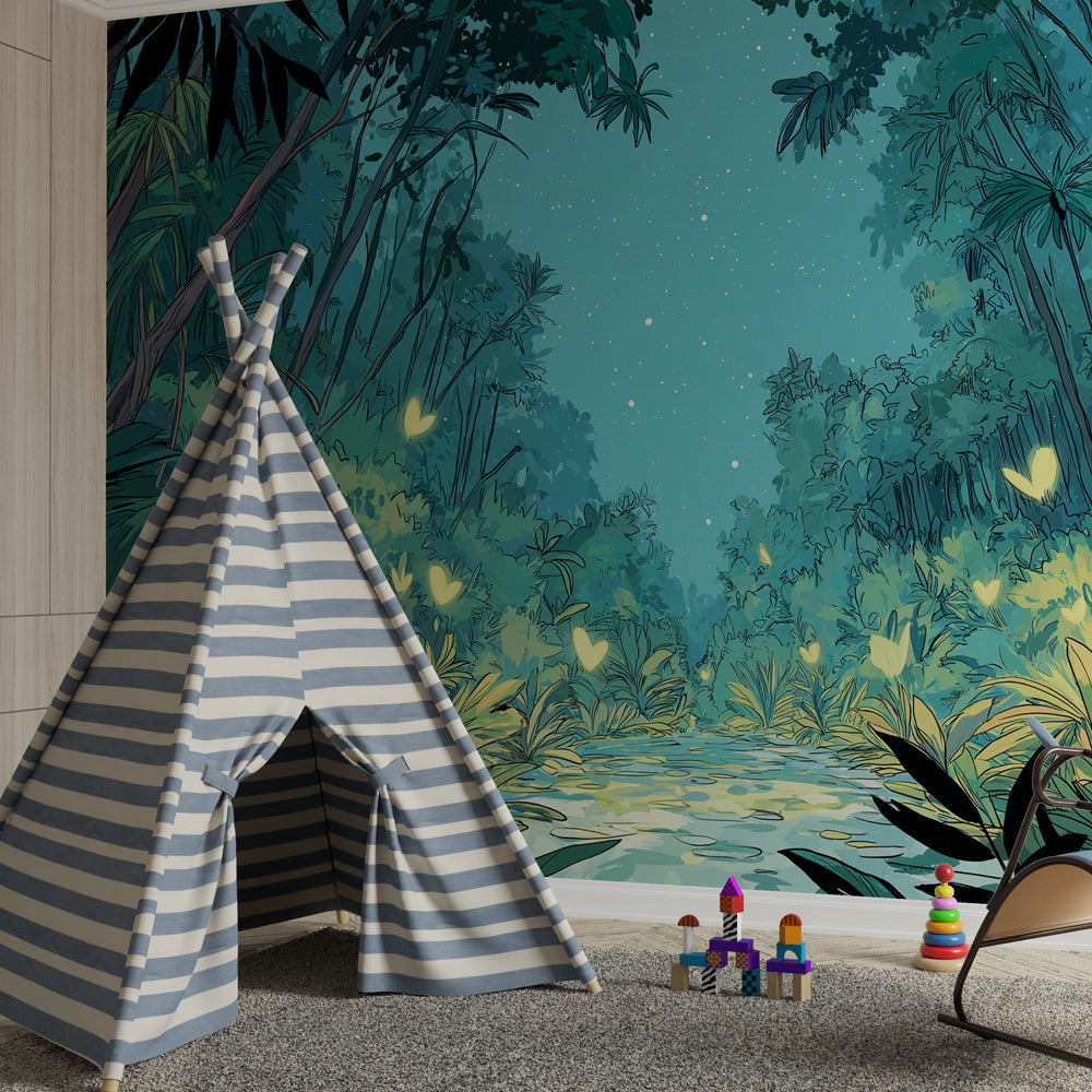 Magical forest wallpaper featuring glowing fireflies in children's bedroom setting