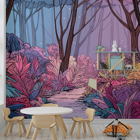 Vibrant forest wallpaper creating fairytale atmosphere in children's bedroom decor