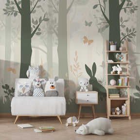 Magical woodland wallpaper creating dreamy children's bedroom atmosphere with pastel forest animals